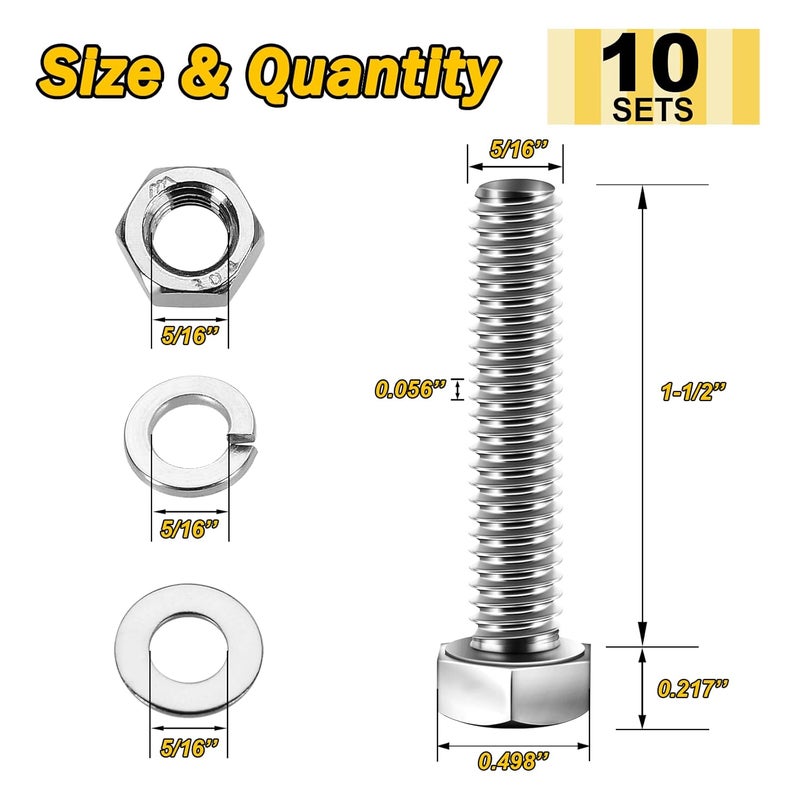 MYWISH (10 Sets) 5/16-18x1-1/2 Hex Head Assorted Screws Nuts and Bolts with Flat & Lock Washers, 304 Stainless Steel 18-8, Fully Threaded, 5/16 Bolt Metric Bolt Assortment - Image 2